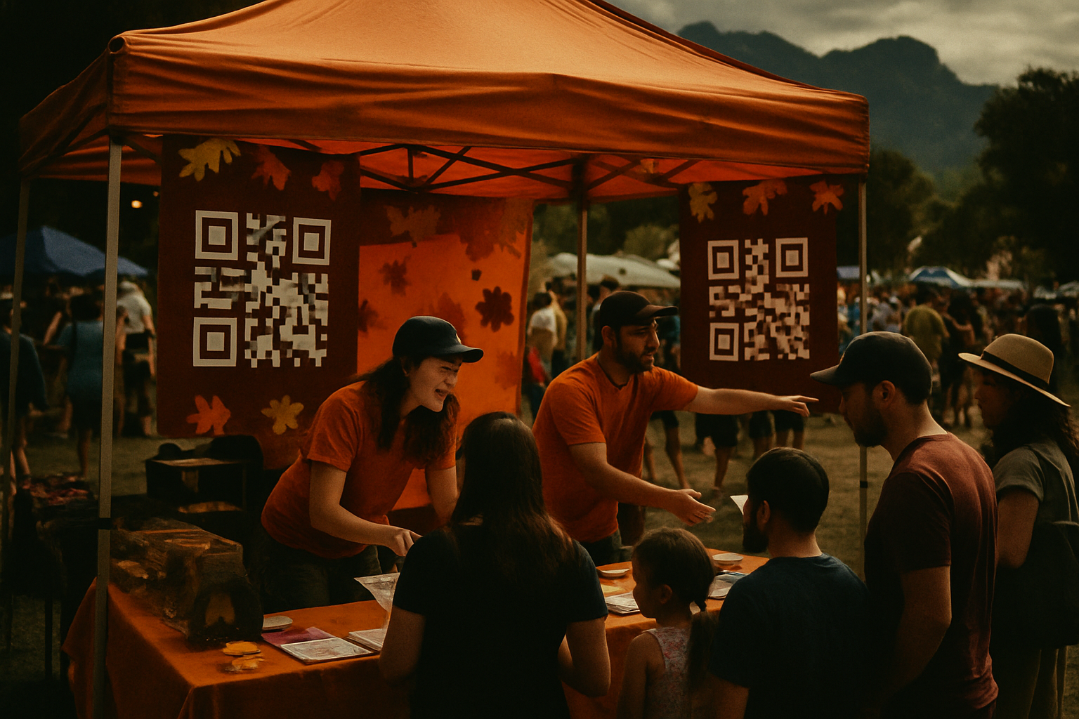 A festival booth with staff engaging festival-goers and QR codes highlighted.