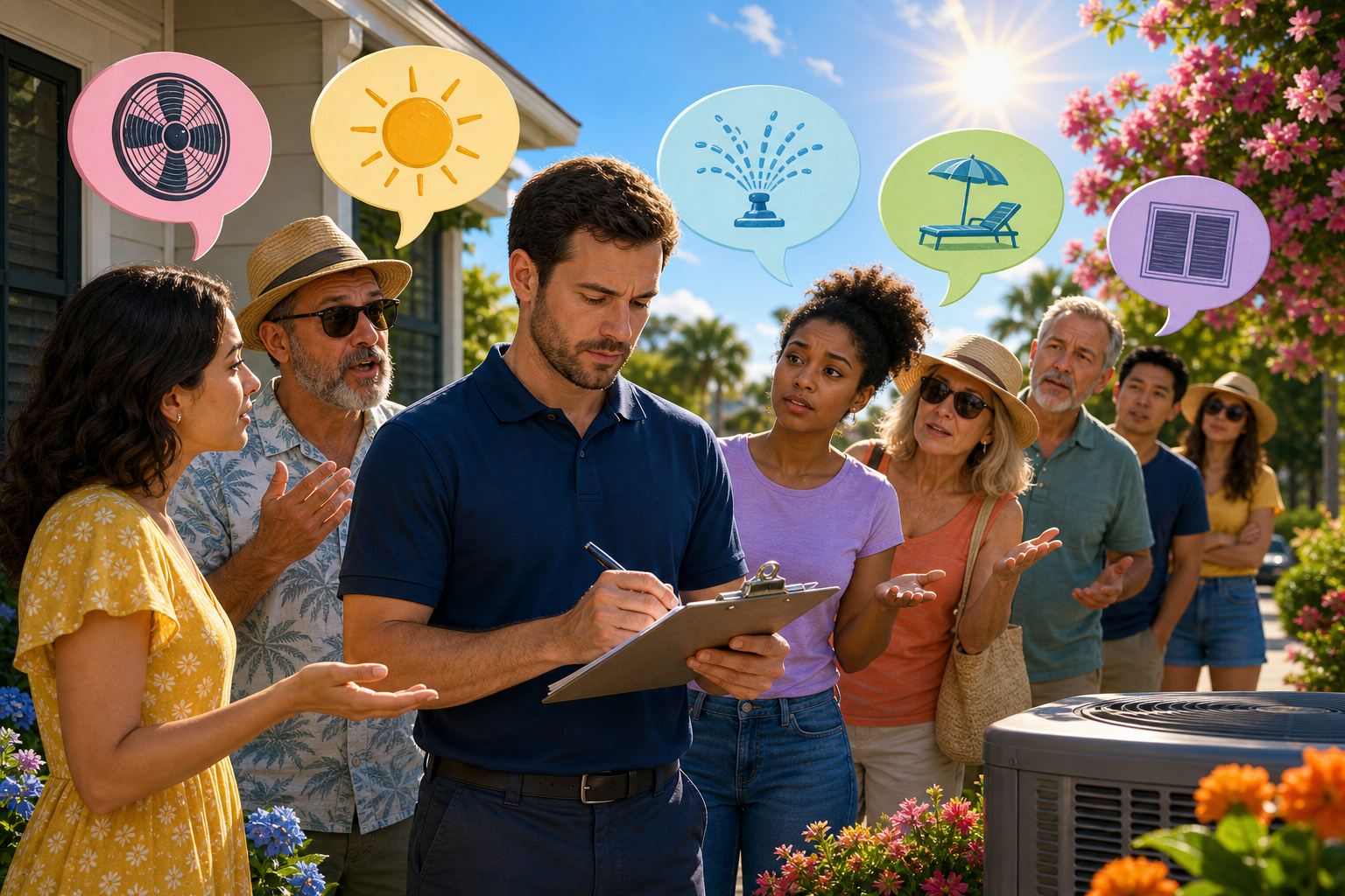 An illustrated scene of a service professional answering summer questions in a colorful setting.