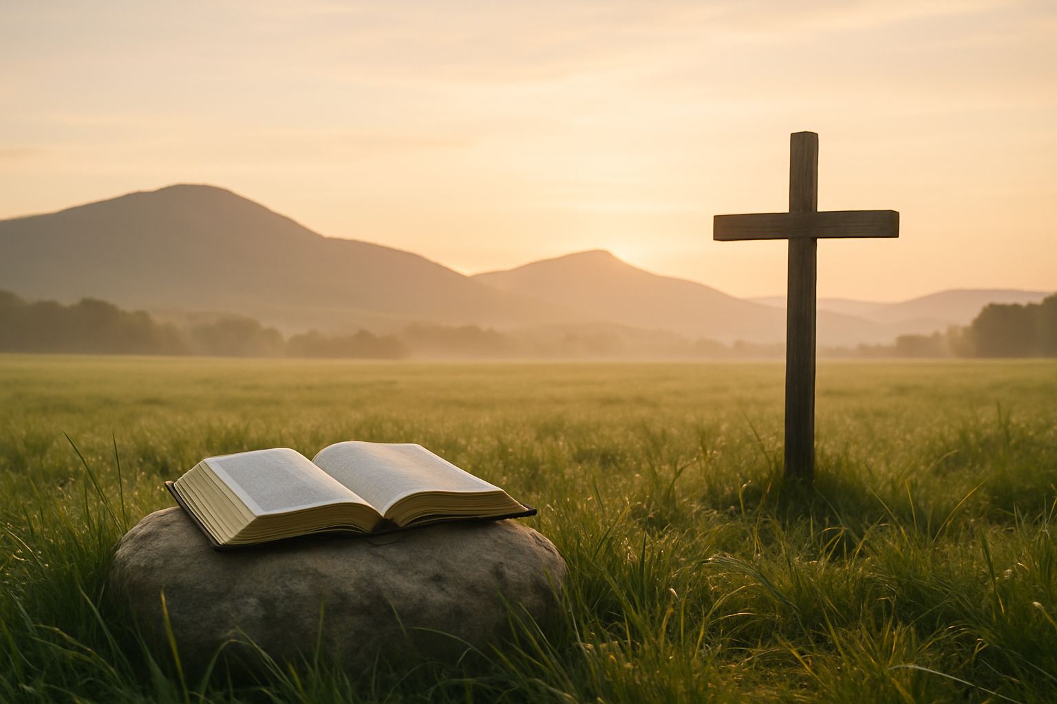 An open Bible on a stone, with a wooden cross in the background and soft sunlight over fields.