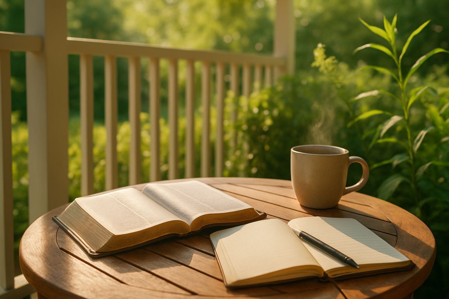 Open Bible and journal on a porch table with morning sunlight.