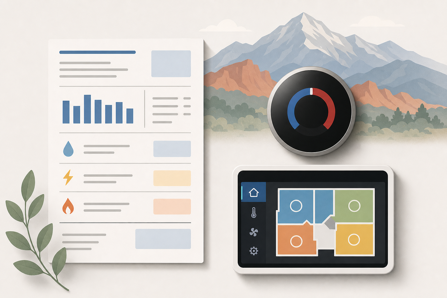 Utility bill next to a smart thermostat and zoning control panel in a flat lay.